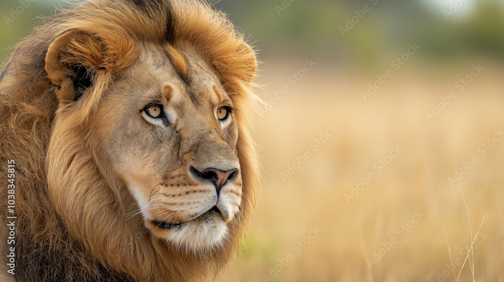Powerful lion with a majestic mane gazes intensely across the golden african savanna, symbolizing untamed beauty and highlighting conservation efforts Powerful lion with a majestic mane gazes intensely across the golden african savanna, symbolizing untamed beauty and highlighting conservation efforts