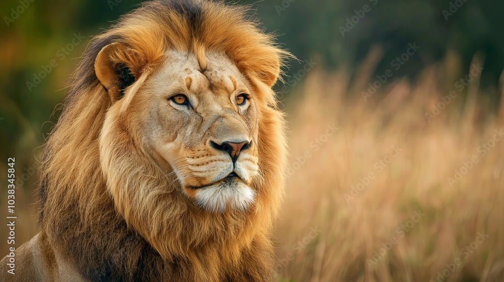 Adult male lion with a majestic mane stands proudly in the african savanna, exuding power and grace in the warm evening light Adult male lion with a majestic mane stands proudly in the african savanna, exuding power and grace in the warm evening light