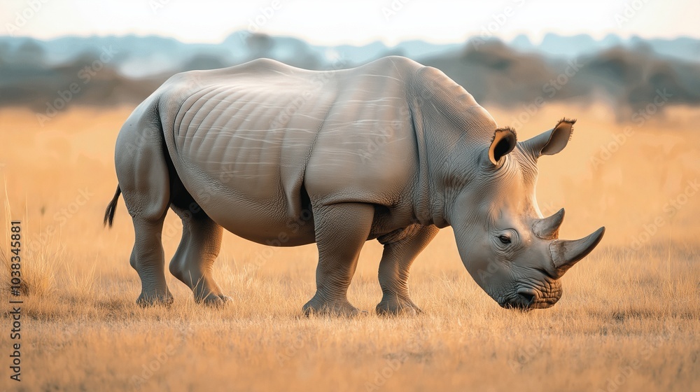 Obraz premium White rhino walks gracefully in the savanna at sunset, illuminated by golden sunlight, showcasing the majestic beauty of african wildlife
