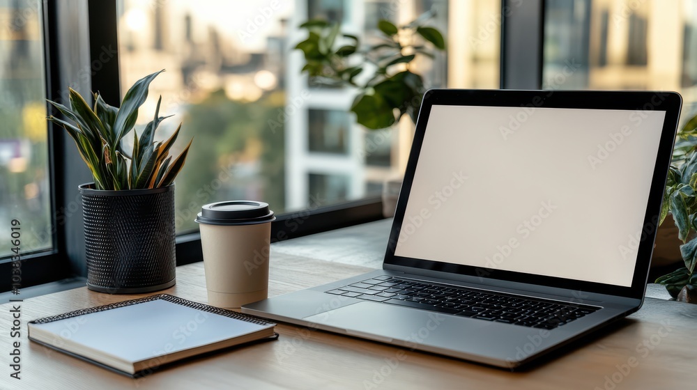 Wooden Desk Setup with Laptop and Cityscape View Wooden Desk Setup with Laptop and Cityscape View