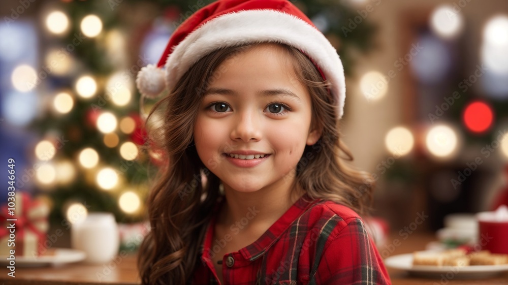 Portrait of Little Girl Wearing the Santa Hat and Celebrating Christmas at Home. She Smiling looking towards the Camera Portrait of Little Girl Wearing the Santa Hat and Celebrating Christmas at Home. She Smiling looking towards the Camera