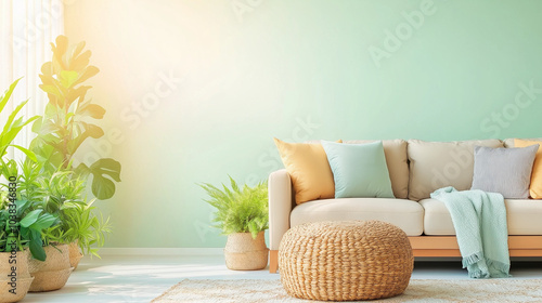 A modern, living room decorated with a beige couch and ottoman, and bronze and mint-colored accents. Bright, natural light fills the space along with lush green house plants and a soft throw rug. photo