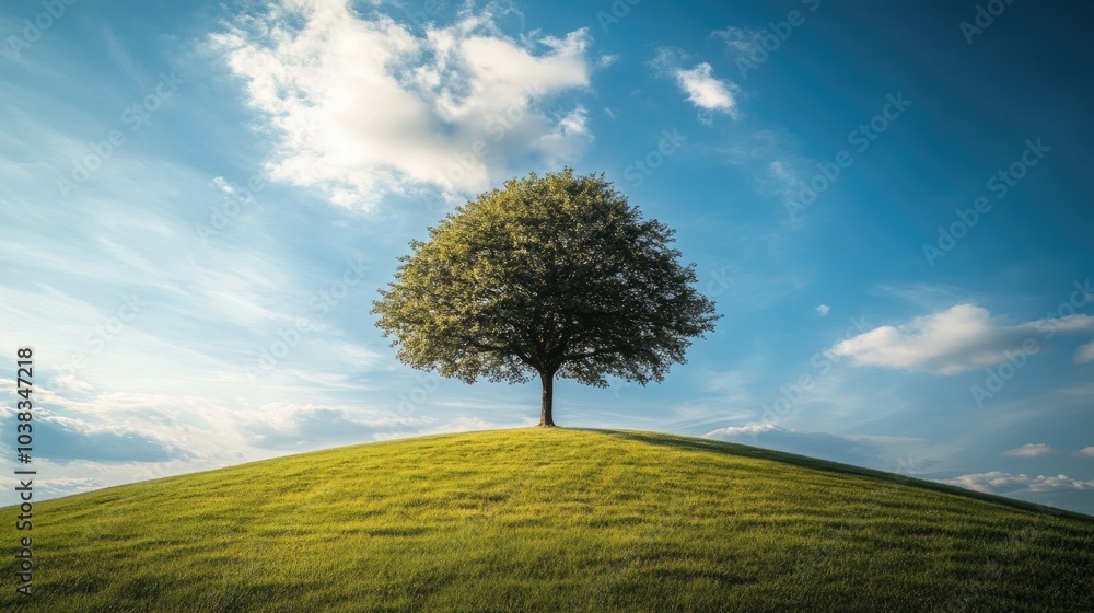 Obraz premium Majestic Tree on Hill Under Blue Sky