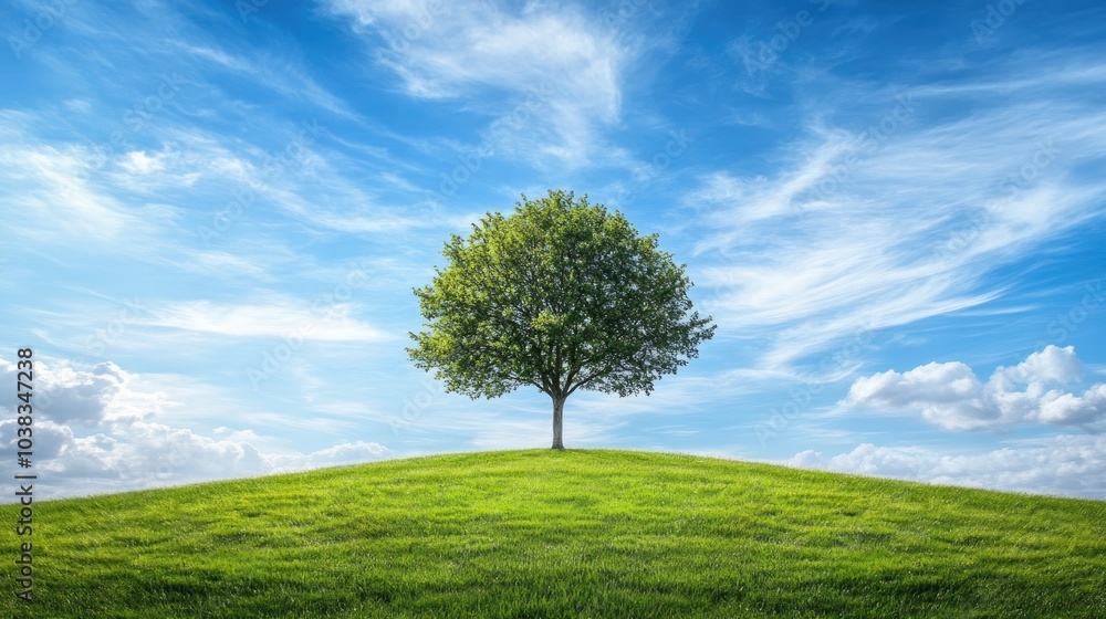 Lush Green Tree on a Hill under Blue Sky Lush Green Tree on a Hill under Blue Sky