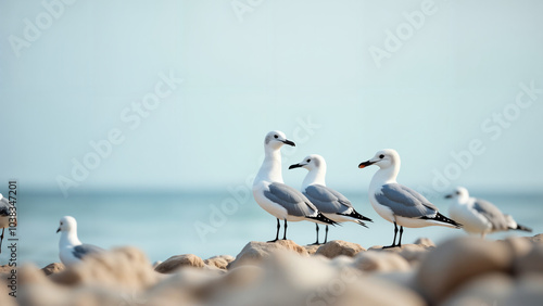 A Serene Coastal Scene with Birds Gracefully Perching on a Rocky Beach, Inviting Relaxation and Contemplation