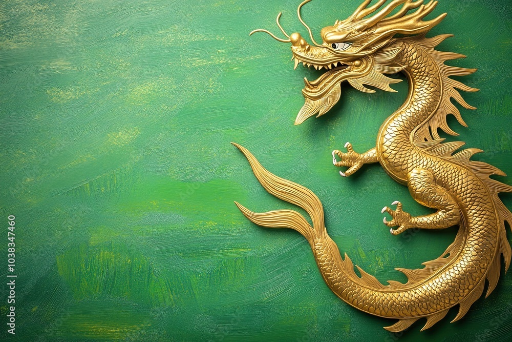 Fototapeta premium Golden dragon on green textured background with scales and whisk