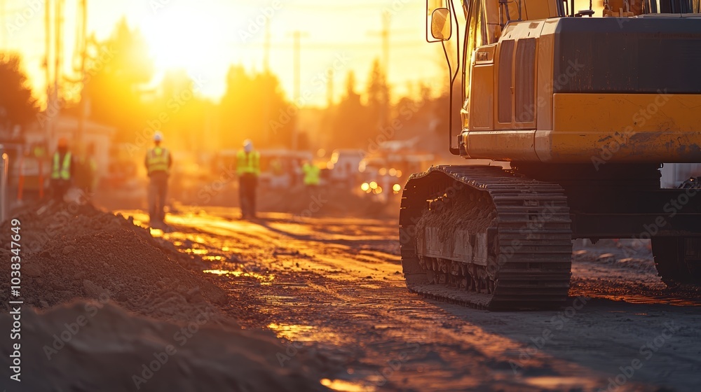 Excavator at sunset with construction workers in the background, creating an orange glow. Excavator at sunset with construction workers in the background, creating an orange glow.