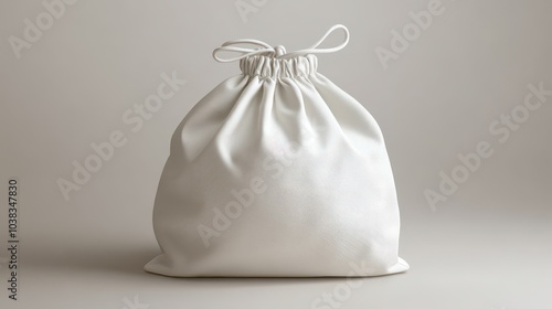 White drawstring bag isolated on a light grey background