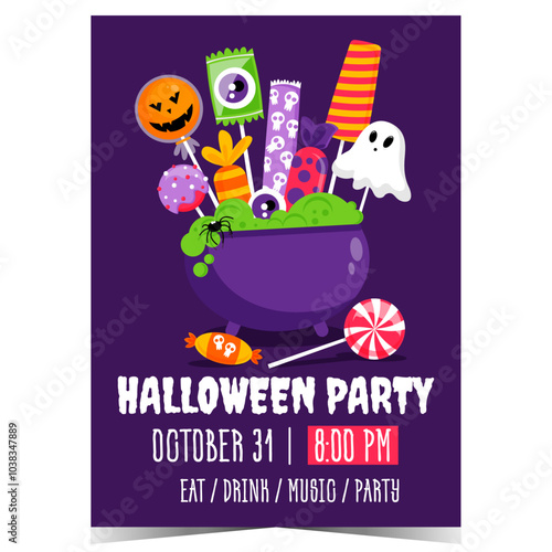 Halloween party design template for an invitation to celebrate All Saints' Day with Trick or Treat and Guising customs. Vector illustration with candies and sweets in a vat of witchcraft potion.