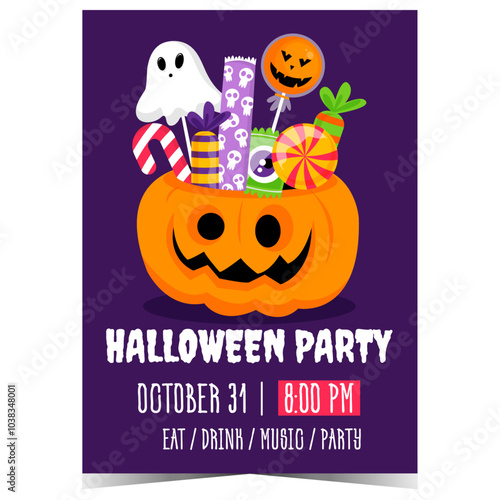 Halloween party poster with scary pumpkin filled with candies and sweets. Ready to print or for web vector banner for invitation to celebrate All Saints' Day with Trick or Treat and Guising customs.