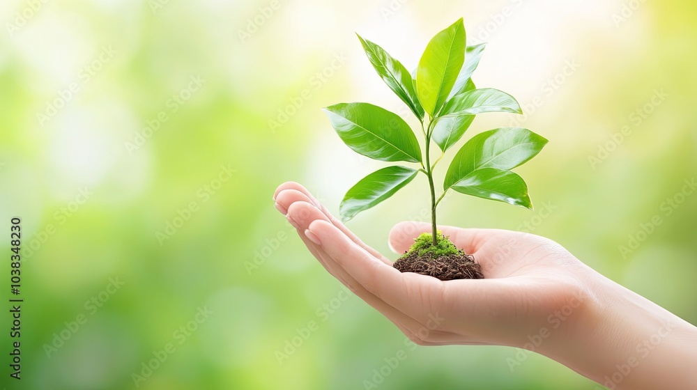 Green Plant Growing in Hand with Soft Background Light Green Plant Growing in Hand with Soft Background Light