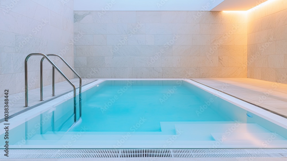 Fototapeta premium A serene indoor swimming pool with clear blue water, minimalist design, and subtle lighting for a tranquil atmosphere.