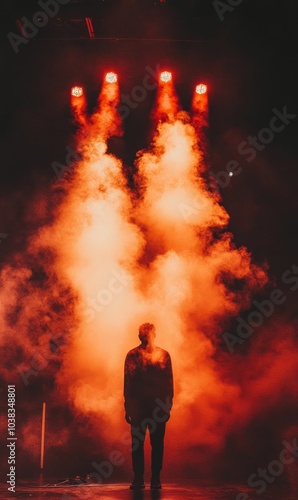 Silhouette of a man in smoke and red light.