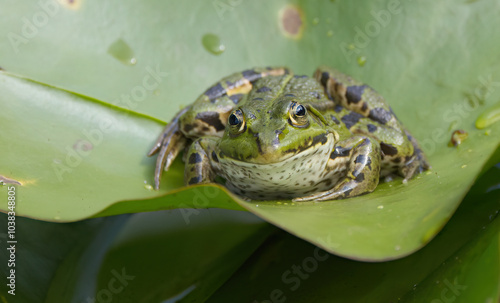 Tree frog on a green pond lily pad, green frog on a water lily pad, water frog on the pond, Pelophylax from the front photo