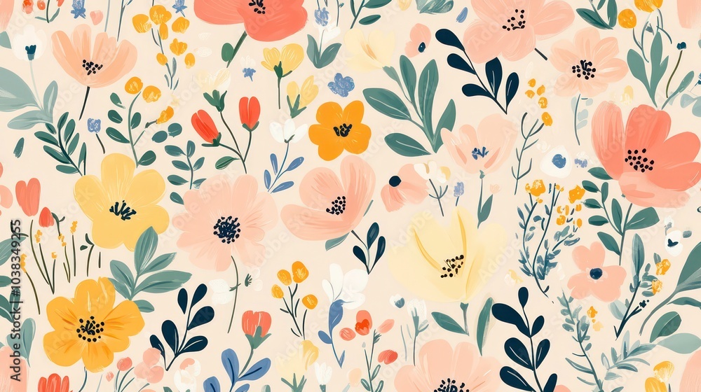 Seamless pattern of pastel-colored flowers and leaves on a cream background. Seamless pattern of pastel-colored flowers and leaves on a cream background.