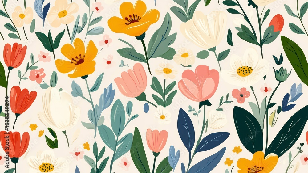 Seamless pattern with colorful flowers and leaves on a light background. Seamless pattern with colorful flowers and leaves on a light background.
