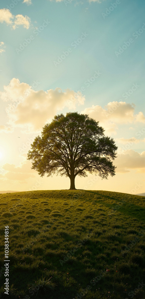 Fototapeta premium Majestic lone tree on grassy hill under golden sunlight against clear sky with copy space