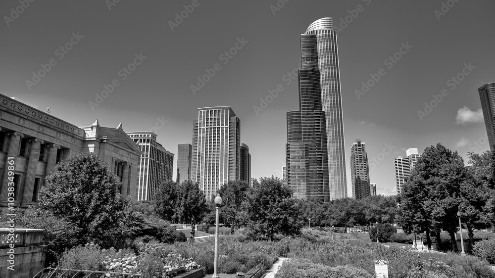 Fototapeta premium Downtown Chicago skyscrapers with blue sky from Lakefront Trail