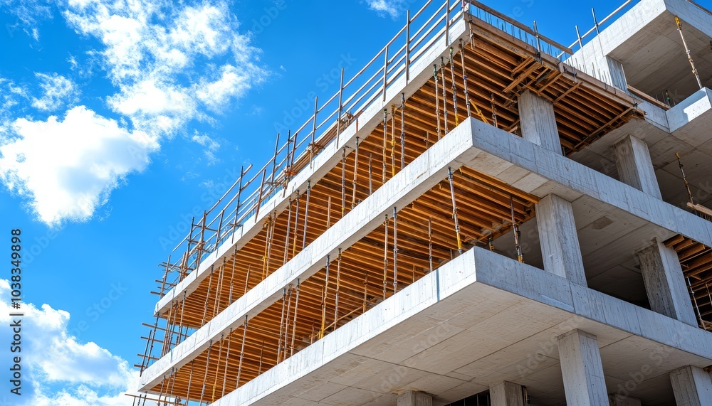 Fototapeta premium A modern construction building with scaffolding under a bright blue sky.
