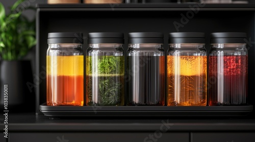 Fototapeta Naklejka Na Ścianę i Meble -  A row of glass jars filled with colorful spices and herbs, showcasing vibrant shades of orange, green, and red against a sleek black background.