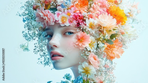 Floral spring concept of fresh spring vivid color flowers on the face and body of a young beautiful attractive girl. Abstract portrait. Generative AI.