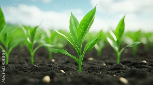 Young green plants emerging from rich soil under a bright blue sky.