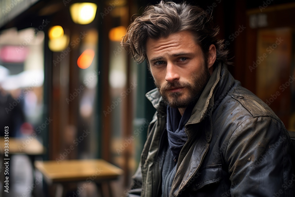 Portrait of a handsome young man in a leather jacket on a city street Portrait of a handsome young man in a leather jacket on a city street