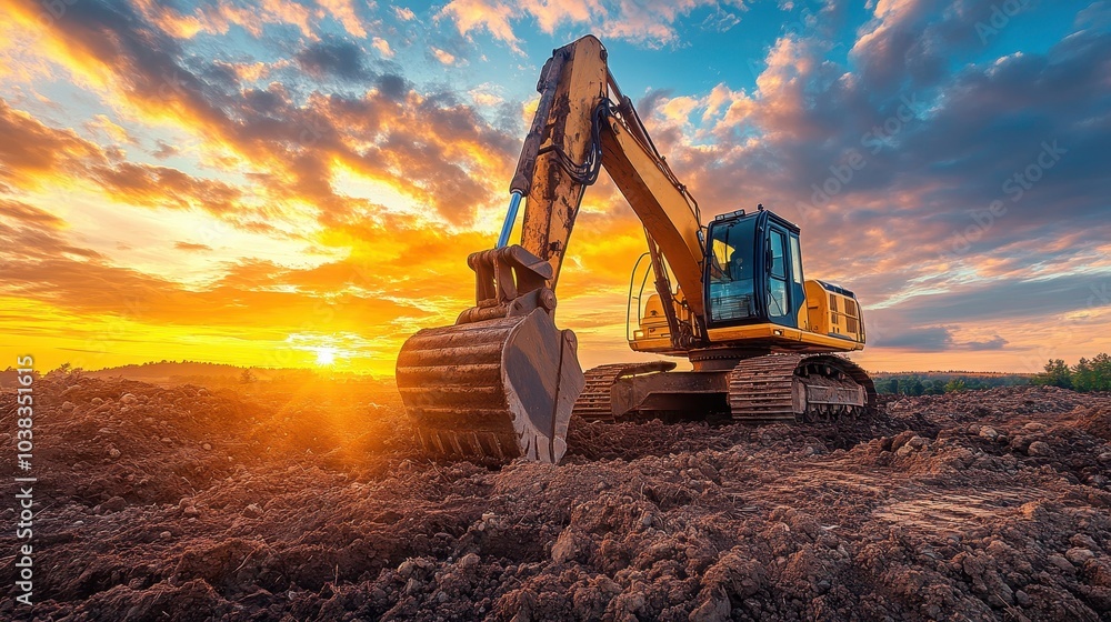 Excavator digging through dirt during sunrise on a construction site Excavator digging through dirt during sunrise on a construction site