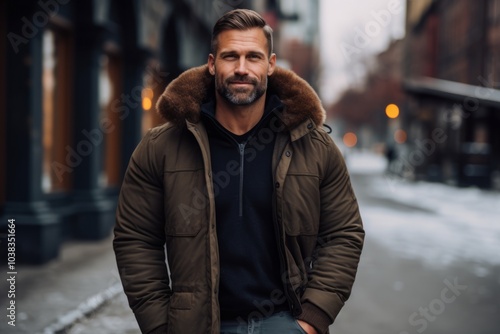 Portrait of a handsome bearded man in a warm coat on the street.