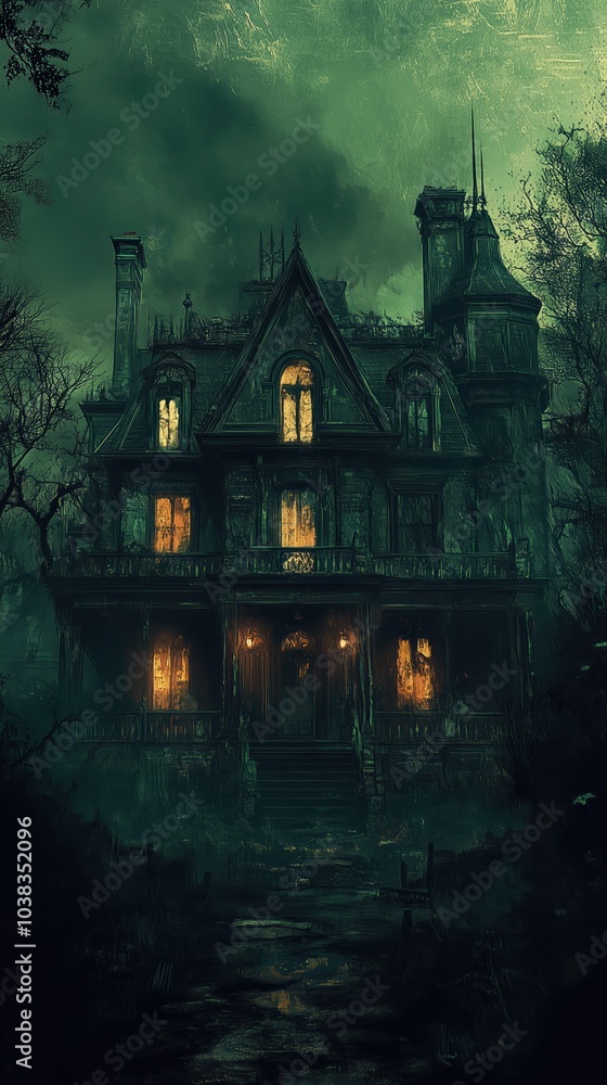 Creepy Old Mansion in Dark Mountains with Halloween Lights Creepy Old Mansion in Dark Mountains with Halloween Lights