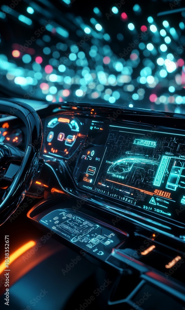 Fototapeta premium Futuristic car interior with glowing digital displays.