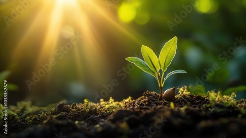 Single Seedling Growth in Lush Forest Environment