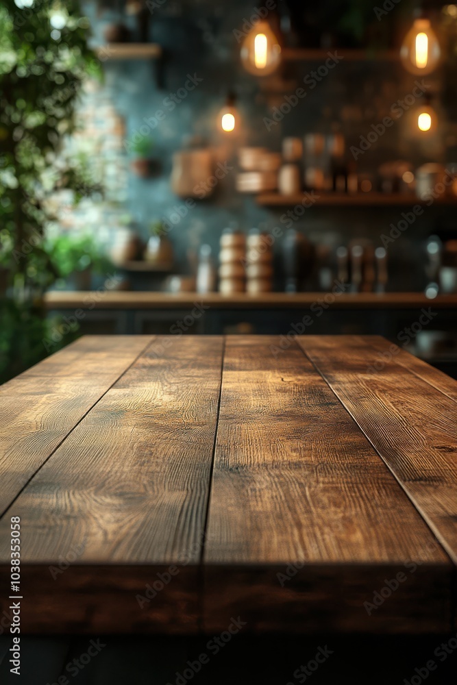 Dark kitchen with wooden table and soft lighting on fuzzy kitchen background. Dark kitchen with wooden table and soft lighting on fuzzy kitchen background.