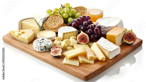 Cheese board with a selection of different types of cheese such as brie, cheddar, gouda, and blue cheese on the wooden board with honey and fruits