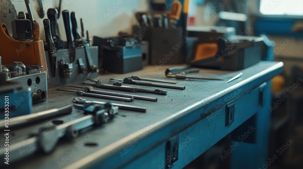 A precise metalworking bench in an industrial workshop, Metalworking tools and materials neatly laid out, Industrial craft style A precise metalworking bench in an industrial workshop, Metalworking tools and materials neatly laid out, Industrial craft style