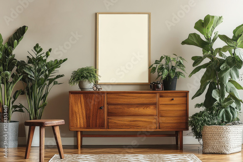 stylish wooden sideboard is showcased in modern living space, surrounded by lush green plants and blank frame on wall, creating serene and inviting atmosphere