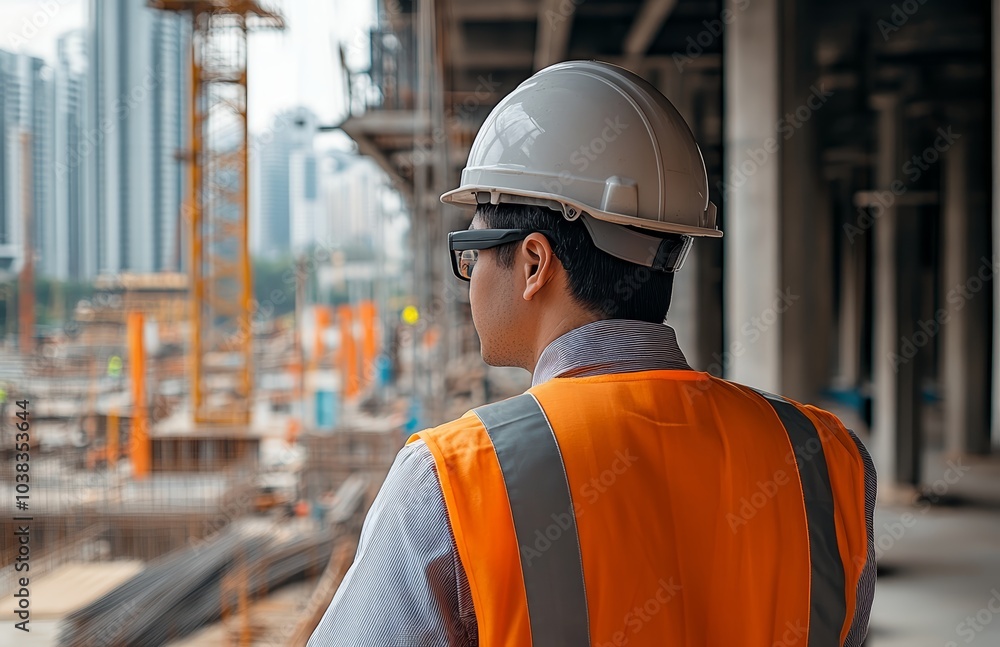 Asian male construction worker observing site progress in safety gear. Asian male construction worker observing site progress in safety gear.