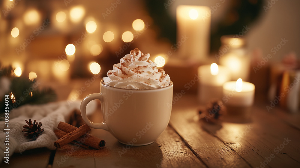 A festive spiced eggnog latte on a wooden table, topped with whipped cream and cinnamon, soft candlelight creating a cozy and inviting atmosphere A festive spiced eggnog latte on a wooden table, topped with whipped cream and cinnamon, soft candlelight creating a cozy and inviting atmosphere