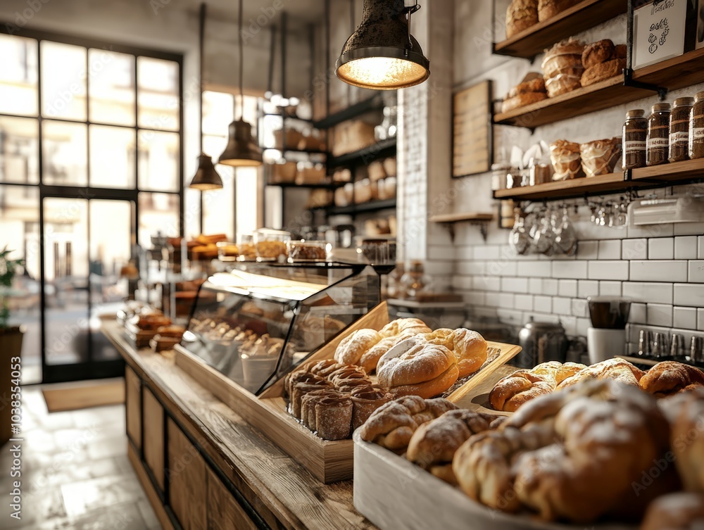 A Bakery's Showcase of Freshly Baked Bread and Pastries, Displayed on Rustic Wooden Shelves, Inviting Customers to Enjoy the Delicious Aroma of Freshly Baked Goods. A Bakery's Showcase of Freshly Baked Bread and Pastries, Displayed on Rustic Wooden Shelves, Inviting Customers to Enjoy the Delicious Aroma of Freshly Baked Goods.