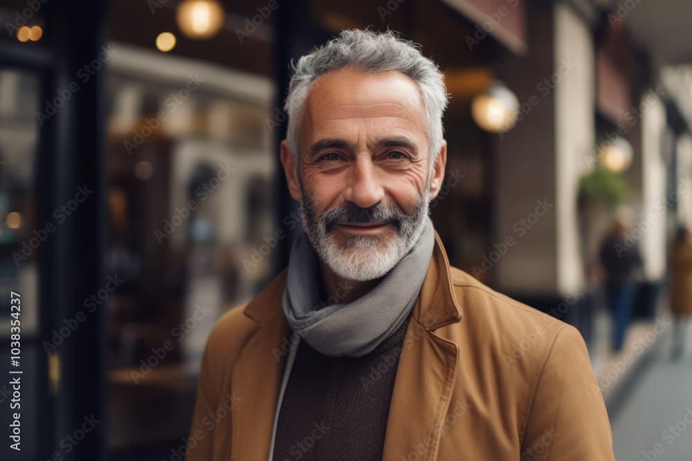 Portrait of a handsome senior man with gray beard and mustache, wearing a coat, looking at the camera and smiling while standing in a city street Portrait of a handsome senior man with gray beard and mustache, wearing a coat, looking at the camera and smiling while standing in a city street