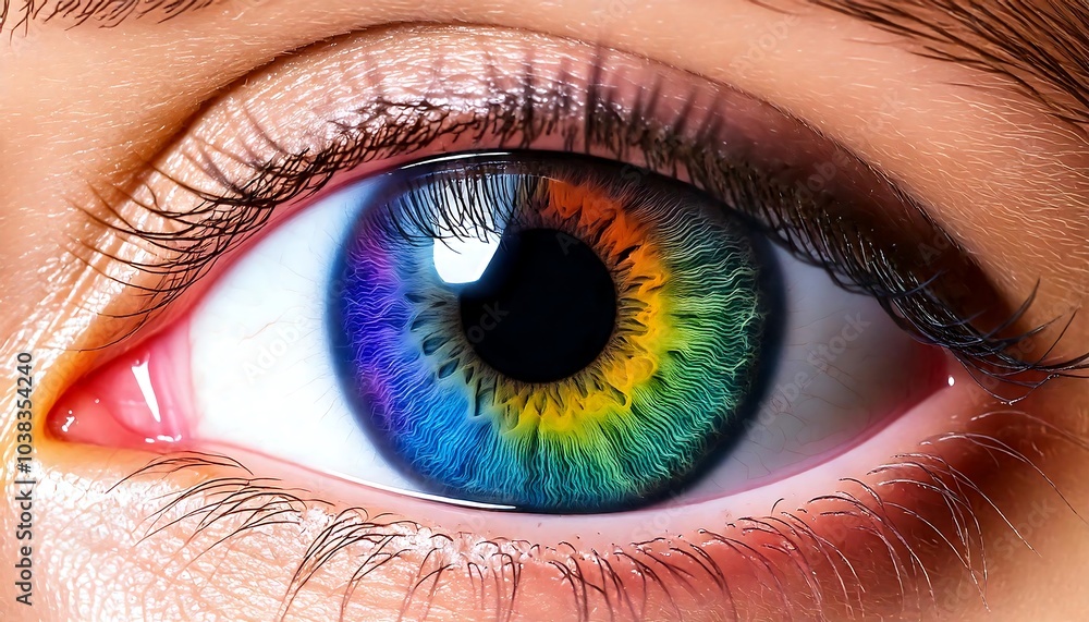 Fototapeta premium Close-up of a Human Eye with a Vivid, Multicolored Iris