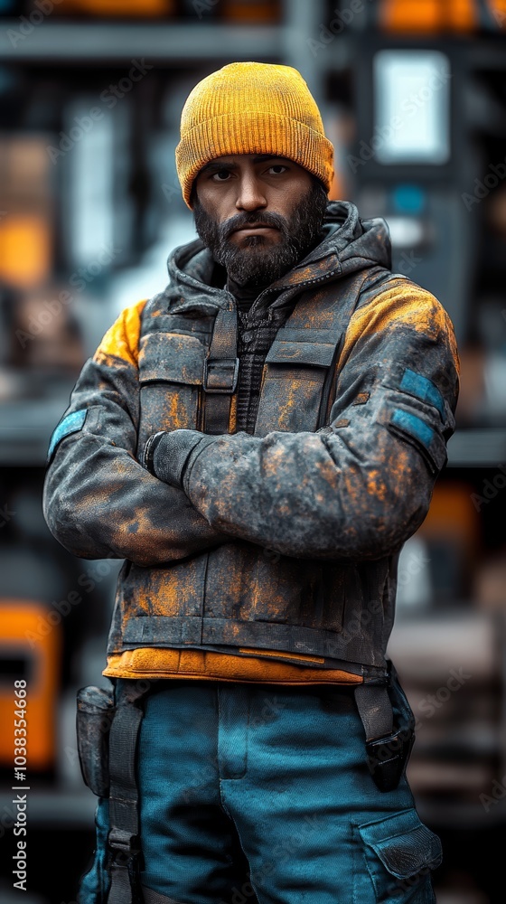 A rugged man with a beard in a yellow beanie and workwear, standing confidently. A rugged man with a beard in a yellow beanie and workwear, standing confidently.