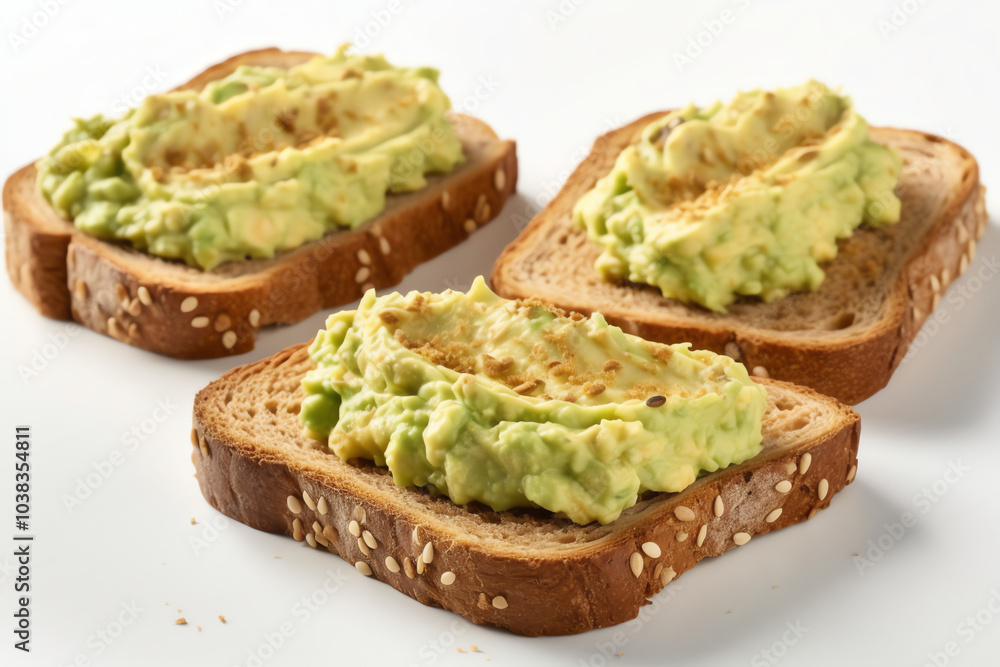 slices of whole wheat toast with creamy spread avocado white background slices of whole wheat toast with creamy spread avocado white background
