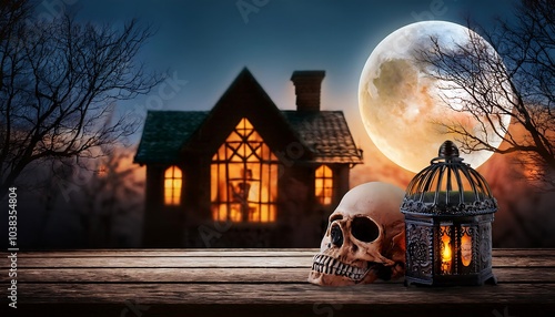 Halloween theme concept with a skull, lamp and a house photo