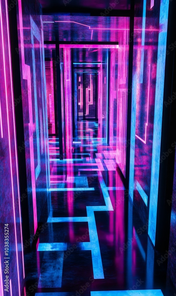 Fototapeta premium Neon hallway with pink and blue lights.