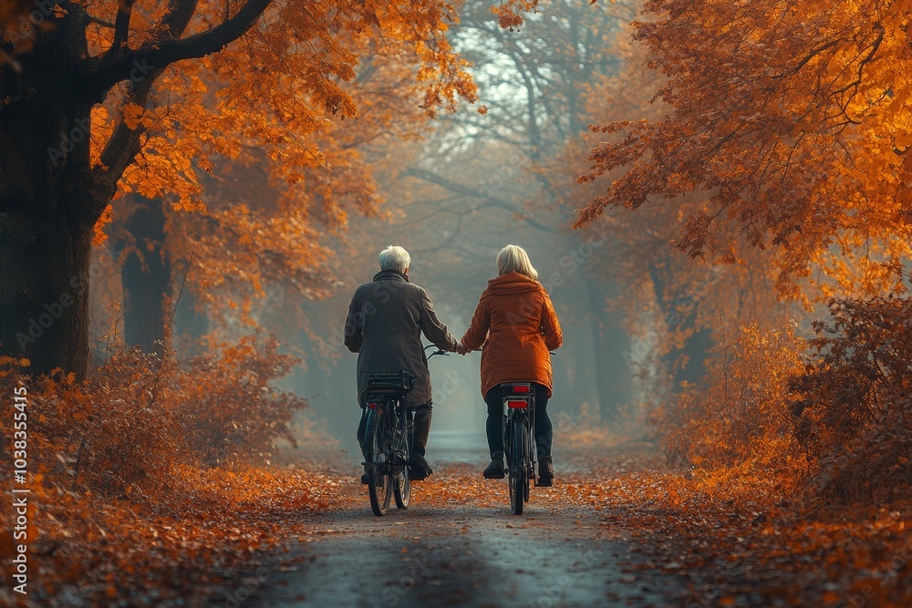 Elderly couple man and woman on bicycles in the park. Sports, walk, autumn atmosphere Elderly couple man and woman on bicycles in the park. Sports, walk, autumn atmosphere