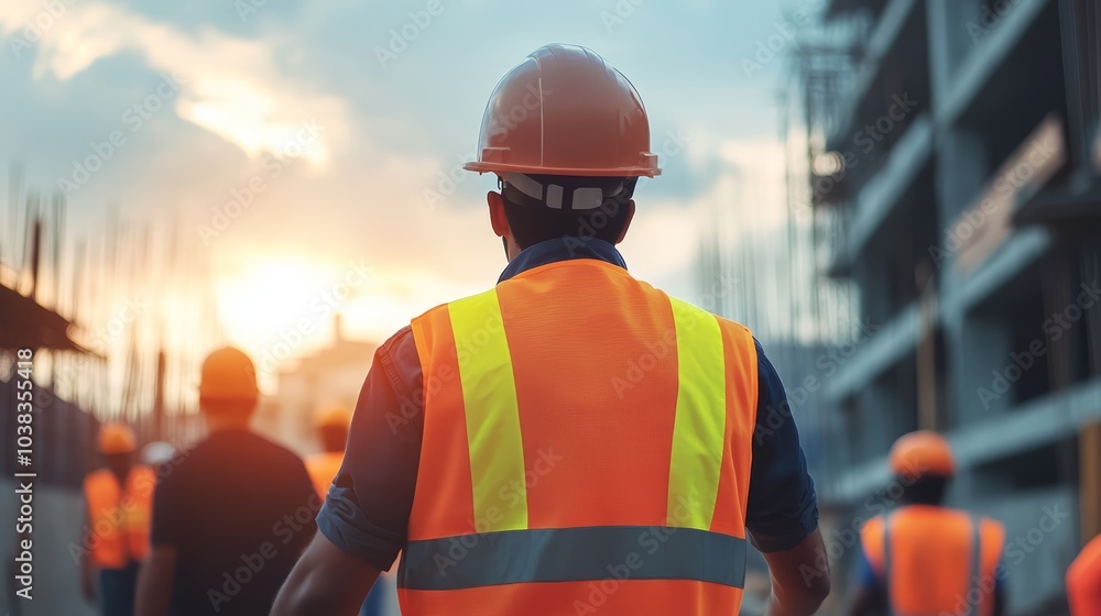 Male construction worker in safety gear observing the sunset at a worksite. Male construction worker in safety gear observing the sunset at a worksite.