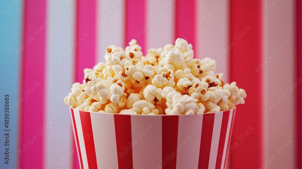 Buttery Popcorn Overflowing a Vibrant Red and White Striped Bucket Against a Colorful Background Buttery Popcorn Overflowing a Vibrant Red and White Striped Bucket Against a Colorful Background