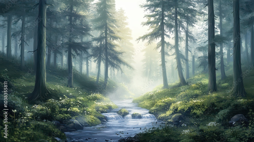 Obraz premium Enchanting Forest Stream with Mist and Sunlight Breaking Through the Canopy.