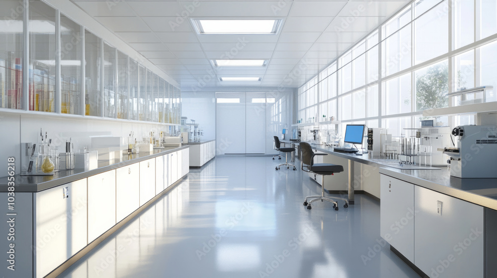 Modern laboratory interior with bright lighting and streamlined workspace for scientific research and experiments Modern laboratory interior with bright lighting and streamlined workspace for scientific research and experiments